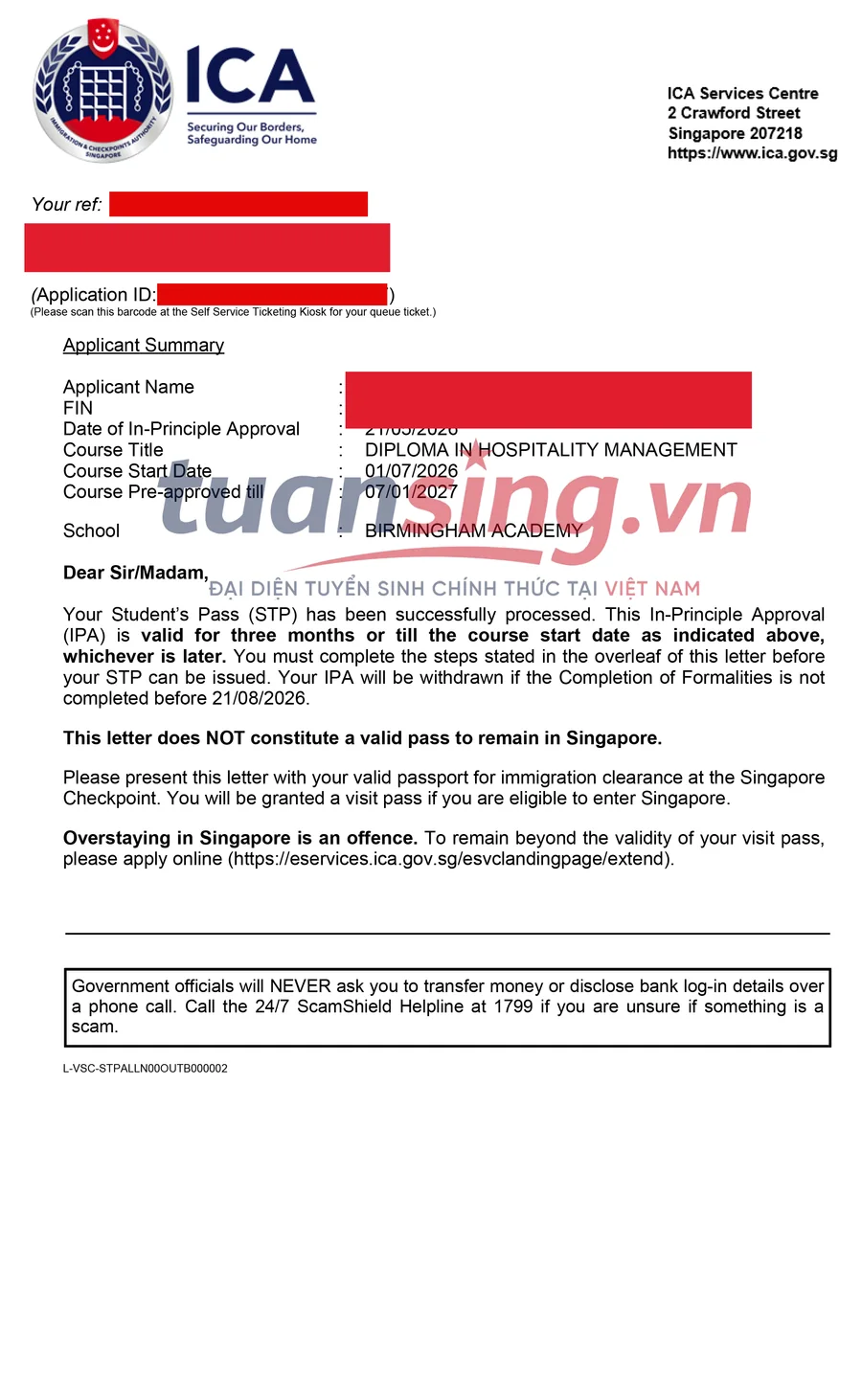 In-Principle Approval letter with personal information redacted, Birmingham Academy, application 01