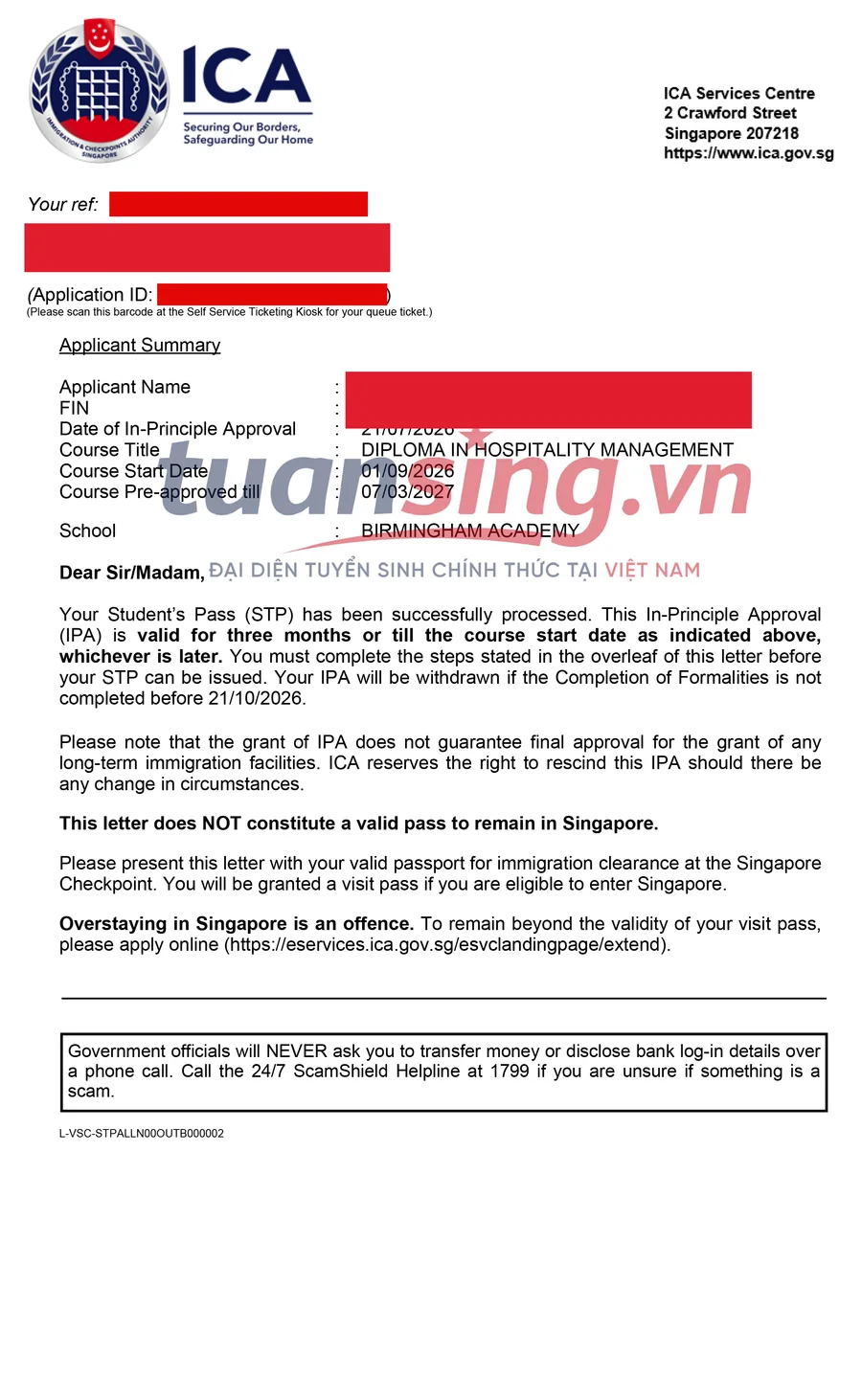 In-Principle Approval letter with personal information redacted, Birmingham Academy, application 05