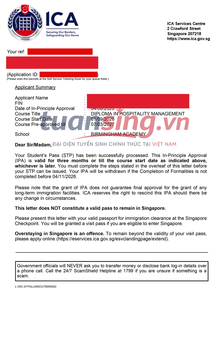 In-Principle Approval letter with personal information redacted, Birmingham Academy, application 09
